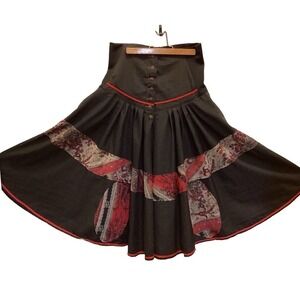 DOUBLE JEU Black Midi Skirt Patchwork Red Paisley Pleated Button Front Women's